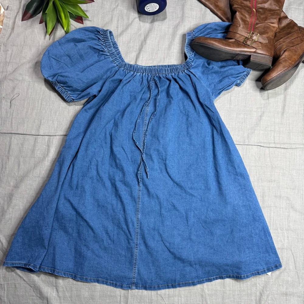 Denim Babydoll Mini Dress NWT Large Off Shoulder Puff Sleeve Pockets - Picture 2 of 14